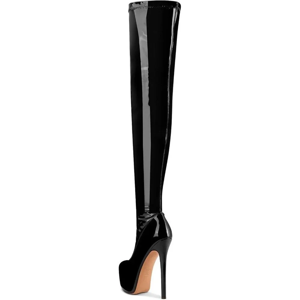 Women Black Over The Knee Stiletto Platform Thigh High Round Toe Long Boots